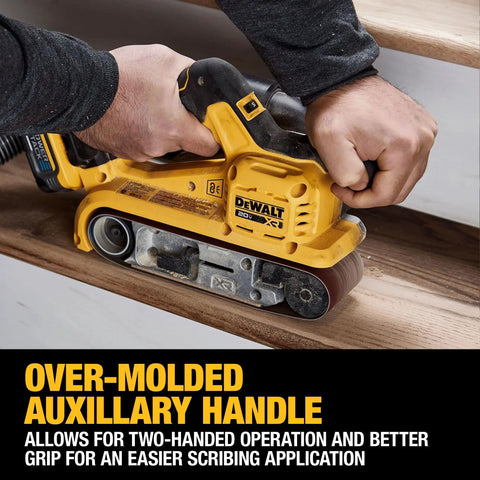 Heavy Duty 20V Max Cordless Belt Sander With A Badass Brushless Motor And Hassle Free Airlock Dust Capture For Top Tier Woodworking and Smoother Finish Results Tool Only in use with two-handed grip for better control.
