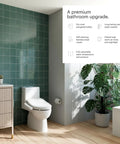 Premium Electric Bidet Seat For Elongated Toilets Featuring Heated Seat And Stainless Steel Nozzle With Warm Air Dryer Night Light And Gentle Close Lid Side Arm Control For A Hassle Free Bang For Buck Bathroom Glow Up in modern bathroom setting.