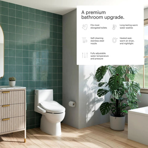 Premium Electric Bidet Seat For Elongated Toilets Featuring Heated Seat And Stainless Steel Nozzle With Warm Air Dryer Night Light And Gentle Close Lid Side Arm Control For A Hassle Free Bang For Buck Bathroom Glow Up in modern bathroom setting.