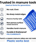Two In One Chicken Poop Scooper And Rake For Coop Cleanup, Durable Sand Sifting Shovel, Patented Design, Made In USA, features list