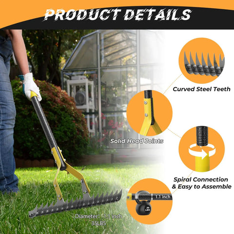 19-Tine Thatch Rake With Adjustable Head Angle And 55 Inch Steel Handle For Lawn Care, Heavy Duty Dethatcher Tool