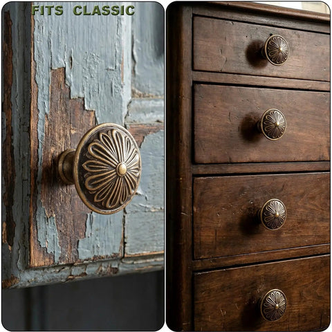 Old School Brass Cabinet Knob Set on rustic cabinet and dresser, solid zinc alloy, 1.4 inch round, antique style hardware