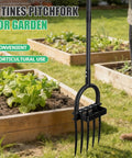 Heavy Duty 5 Tine Garden Fork With D Grip Handle 69 Inch Spading Fork for easy soil loosening in garden beds.