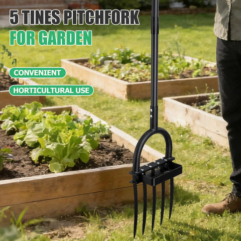 Heavy Duty 5 Tine Garden Fork With D Grip Handle 69 Inch Spading Fork for easy soil loosening in garden beds.