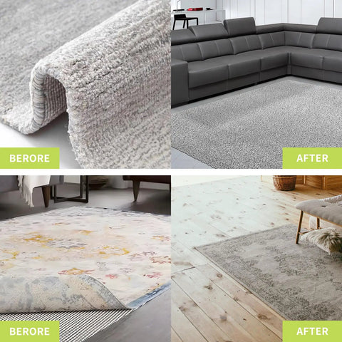 Before and after using 12 Pack Non Slip Rug Pad Grippers Washable And Reusable For Rugs, prevents curling, keeps rugs flat.