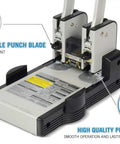 Heavy Duty Two Hole Paper Punch For 100 Sheets Of Paper With Hollow Core Technology And Samurai Steel Heads showing replaceable blades