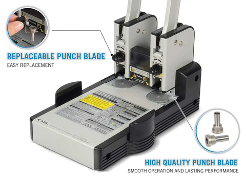 Heavy Duty Two Hole Paper Punch For 100 Sheets Of Paper With Hollow Core Technology And Samurai Steel Heads showing replaceable blades