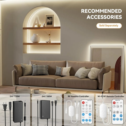 Living room with 48ft COB LED Strip Lights Crazy Bright 4000K Natural White For Cabinets And Home DIY Lighting accessories showcased.