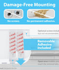Product features showing no drill installation with removable adhesive for "No Drill Remote Holder For 5 Or 6 Remotes, Easy Adhesive Wall Mount".