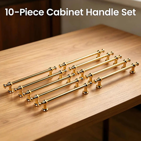 Champagne Gold Cabinet Pulls Set, 10 Pack 5 Inch Center Hole (128mm) displayed on wooden surface