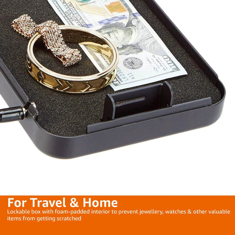 Portable Security Case Lock Box Safe With Combination Lock For Documents And Valuables, open with cash and jewelry inside