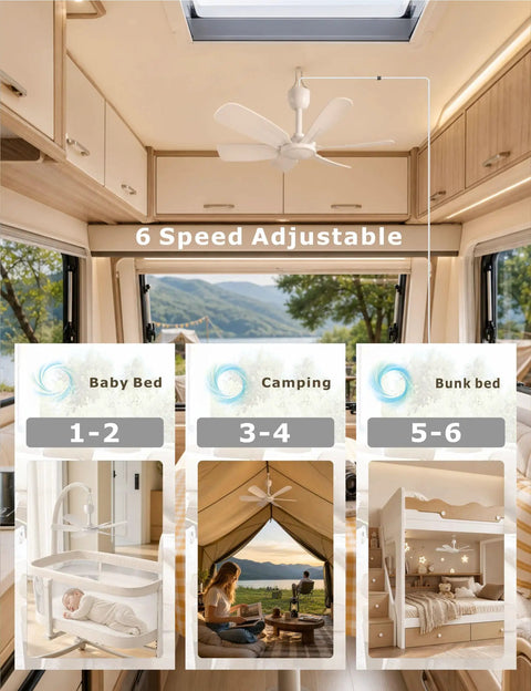 Kicking Airflow 18 Inch Usb Ceiling Fan With Remote Control And 6 Speed Settings Featuring Max Wind And Sleep Mode Plus Timer for camping and bedroom use.