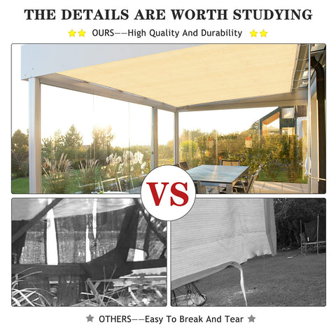 90% UV Blocking Outdoor Sun Shade Cloth For Pergola And Deck comparison with wheat color covering patio