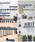 Six Piece 12 Inch Magnetic Tool Holder Strips With Mounting Brackets For Garage Organization Blue Metal Tool Organizer Rack Easy To Install With Screws Included displaying various tools and utensils