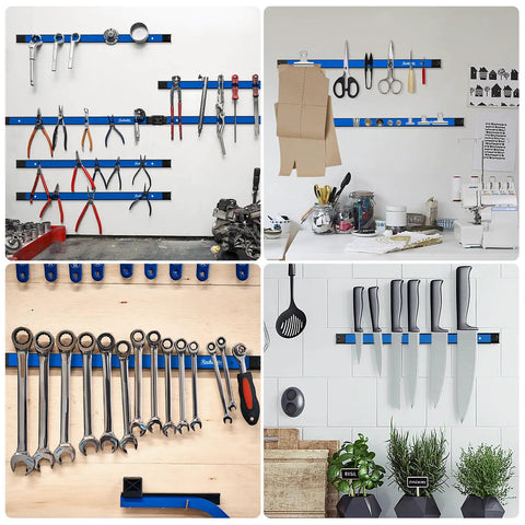 Six Piece 12 Inch Magnetic Tool Holder Strips With Mounting Brackets For Garage Organization Blue Metal Tool Organizer Rack Easy To Install With Screws Included displaying various tools and utensils