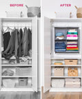 Before and after of closet with Two In One Hanging Closet Organizer With Built In Garment Rod And Four Spacious Shelves Reinforced Grey.