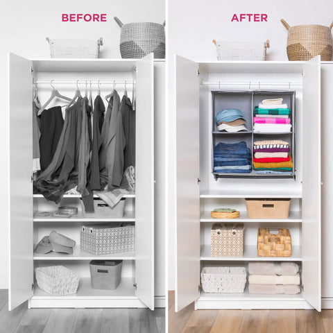 Before and after of closet with Two In One Hanging Closet Organizer With Built In Garment Rod And Four Spacious Shelves Reinforced Grey.