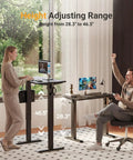 32 Inch Electric Standing Desk For Small Spaces shown with adjustable height from 28.3 to 46.5 inches in a modern home office.