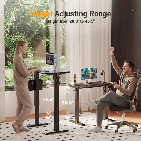 32 Inch Electric Standing Desk For Small Spaces shown with adjustable height from 28.3 to 46.5 inches in a modern home office.