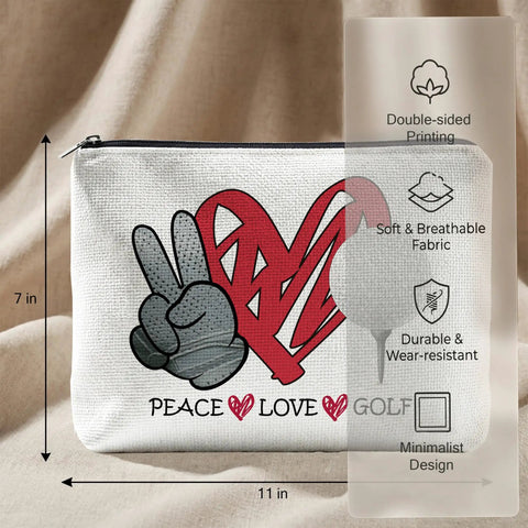 Peace Love Golf makeup bag, 11x7 in, featuring heart and peace sign design, soft fabric, durable and breathable.