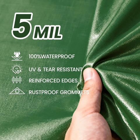 Close-up of green 12 By 16 Foot Heavy Duty Waterproof Camping Tarp With 5 Mil Thickness And Grommets, showing reinforced material
