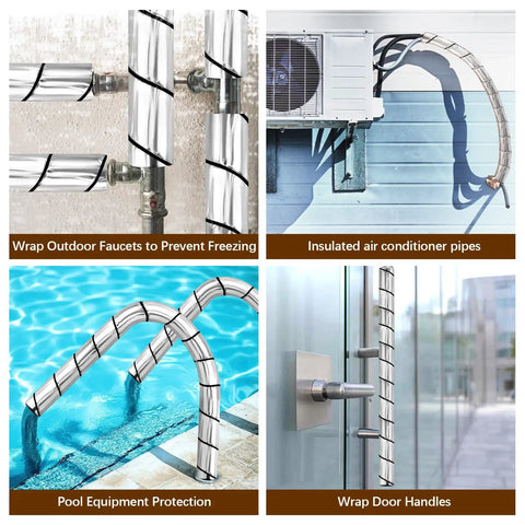 Four images showing Six Pack Pipe Insulation Foam Tubes With Spiral Aluminum Foil Wrap Waterproof Outdoor Pipe Covers In Use