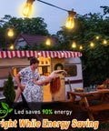 131 Ft LED Outdoor String Lights With Shatterproof S14 Bulbs Dimmable And Waterproof illuminating a patio at night with a couple dancing