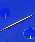 Double Ended Watch Tool For Balancing Wheel And Hairspring Pro Grade Watchmaking Kit with ergonomic handle, tool on blue background.
