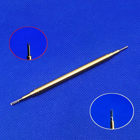Double Ended Watch Tool For Balancing Wheel And Hairspring Pro Grade Watchmaking Kit with ergonomic handle, tool on blue background.