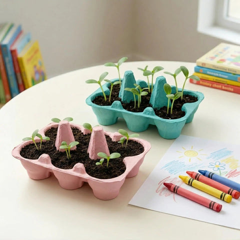 Two Pack Indoor Flower Grow Kit With Colorful Egg Cartons, Sunflower And Daisy Seeds, Eco Friendly Growing Medium on table