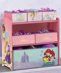 Disney Princess Six Bin Toy Storage Organizer For Kids with pink and purple bins featuring princess graphics against a pastel wall.