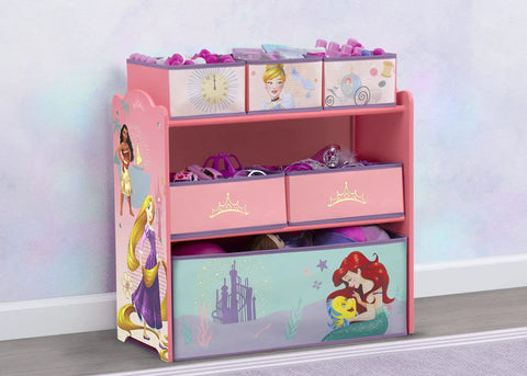 Disney Princess Six Bin Toy Storage Organizer For Kids with pink and purple bins featuring princess graphics against a pastel wall.