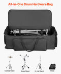 Rock Solid Drum Hardware Rolling Bag With Smooth Gliding Wheels And Extra Thick Padding For Snare Cymbal Stands And Kick Drum Pedals Legit Heavy Duty Music Gear Hauler In Black, carrying cymbal and snare stands.