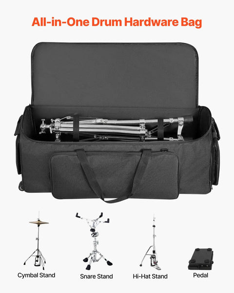 Rock Solid Drum Hardware Rolling Bag With Smooth Gliding Wheels And Extra Thick Padding For Snare Cymbal Stands And Kick Drum Pedals Legit Heavy Duty Music Gear Hauler In Black, carrying cymbal and snare stands.