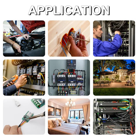 Collage of 16 Gauge 3 Conductor Electrical Wire uses: automotive, installation, wiring panels, LED lighting, indoor and outdoor settings.