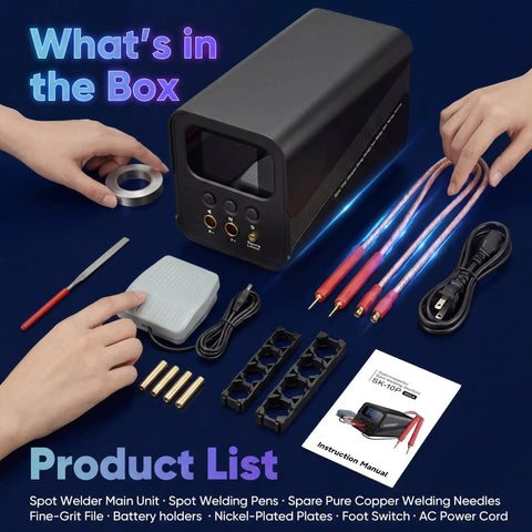 Capacitor Spot Welder For Battery Packs With 10.5kW Farad Welding Power Automatic And Foot Pedal Modes 100 To 240V kit contents