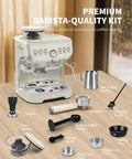 Premium Barista-Quality Kit with Retro White Espresso Machine, built-in grinder, and accessories on wooden counter.