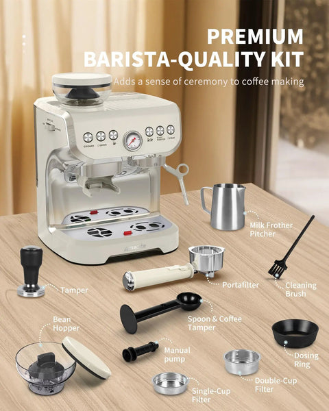 Premium Barista-Quality Kit with Retro White Espresso Machine, built-in grinder, and accessories on wooden counter.