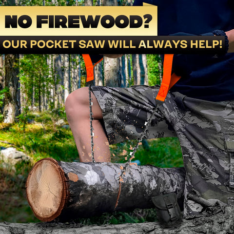 Person using Pocket Chainsaw For Survival With Bag Stainless Steel 25 Inch Folding Tree Saw With Bi Directional Teeth on tree limb