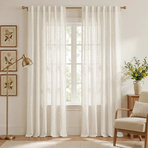 Semi Sheer Linen Living Room Curtains With Grommets Light Filtering Airy Cozy Privacy Drapes Natural Linen Blend Two Panels W52xL95 Easy Hang