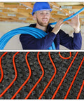 Meccanixity Steel Spring Pipe Bender For 1 Inch Pvc Tube, 39 Inch Long Bending Tool used in wiring installation with blue conduit.