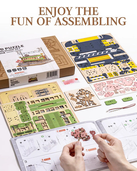 Sakura Journey Tram 3D Wooden Puzzle Kit For Adults 223 Pieces Hands On Model Car Building Set, wooden parts and cherry blossom tree
