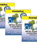 Three-pack of Metal Eliminator And Stain Preventer For Pools And Spas 3 Month Supply Power Pak packages.