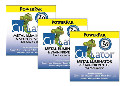 Three-pack of Metal Eliminator And Stain Preventer For Pools And Spas 3 Month Supply Power Pak packages.