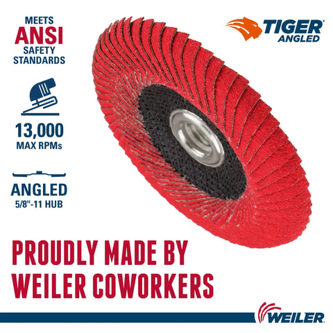Angled Tiger Flap Disc Four And One Half Inch Ceramic Alumina 60C Grit With Cloth Backing displayed with safety standards and specs