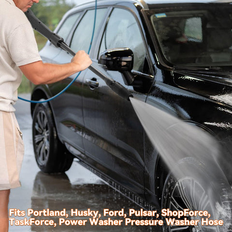 Man using High Pressure Washer Gun Kit with Turbo Wand and Adjustable Fan Wand from 0 to 60 Degrees, washing black car