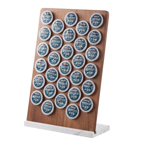 K Cup Coffee Pod Holder And Organizer With Acacia Wood Storage Rack And Weighted White Marble Base, 30 Pod Capacity Countertop Stand