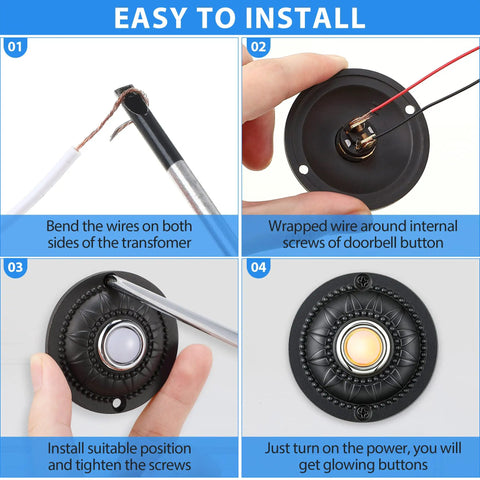Round Metal Wired Doorbell Push Button In Black With Warm White LED Light Low Voltage Compatible No Fuss Surface Mount Replacement For Home Or Garage Works On Stucco Wood Brick Or Stone Walls, installation steps shown
