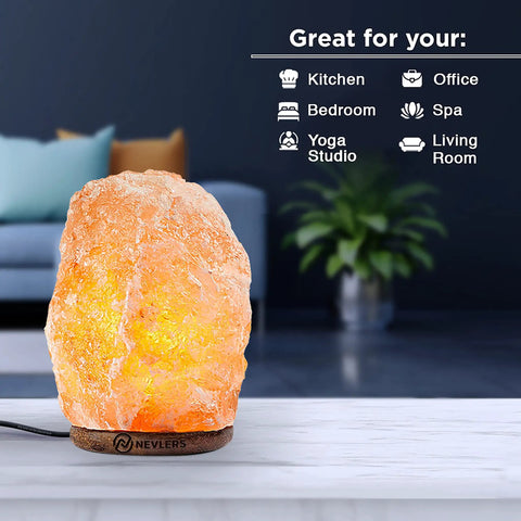 Two Pack Himalayan Salt Lamps Set, 6 To 8 Inches Tall, on wooden base, glowing amber light, suitable for home office decor