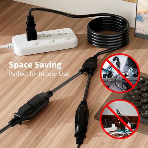 Two Way Power Cord Splitter Cable For 6 Ft Three Prong To Two Outlets Extension Cord With Outlet Saver Y Splitter UL Certified SJTW 16 Gauge 13 Amp 125 Volt Black plugged into power strip.